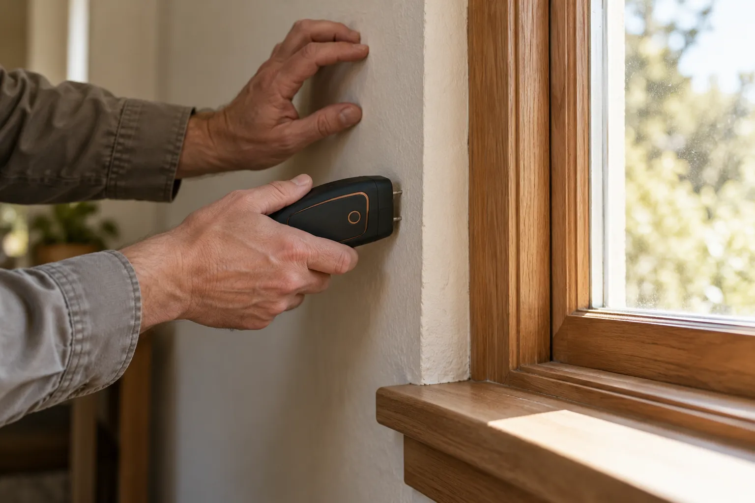 Illustrative scene of a moisture meter being used at a window reveal
